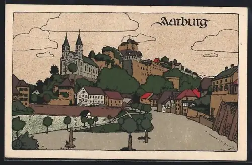 Steindruck-AK Aarburg, Strassenpartie mit Blick auf Schloss und Kirche