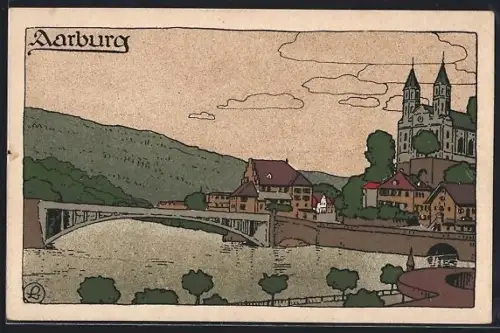 Steindruck-AK Aarburg, Stadtpanorama mit Kirche und Brücke
