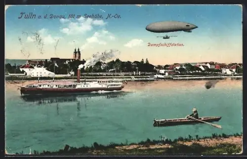 AK Tulln a. d. Donau, Ortsansicht mit Dampfschiffstation