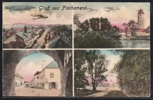 AK Fischamend, Zeppelin über den Dächern, Flugzeuge, Strassenpartie