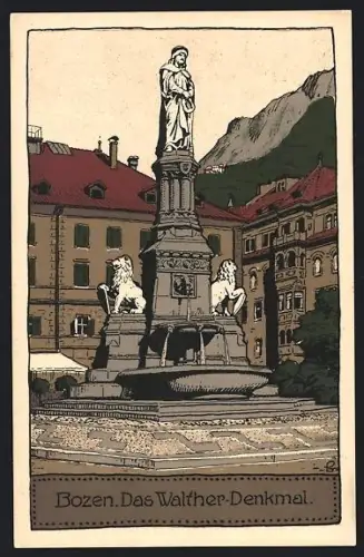 Steindruck-AK Bozen, Das Walther-Denkmal