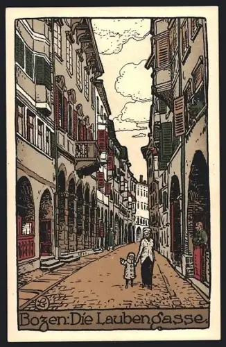 Steindruck-AK Bozen, Blick in die Laubengasse