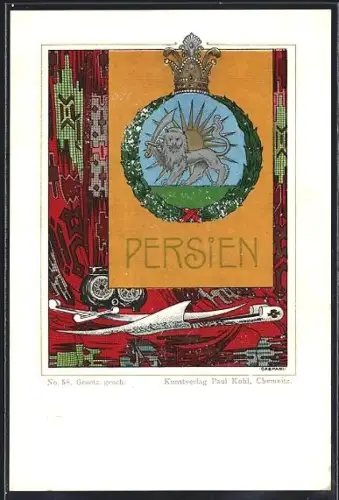 AK Persien, Wappen mit Krone, Löwe und Schwert