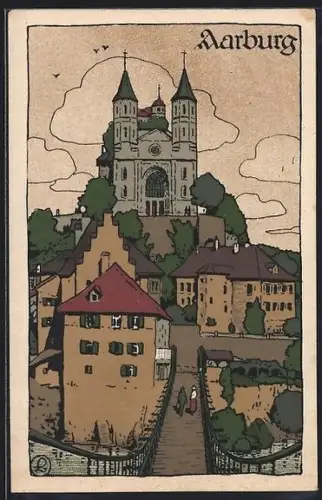 Steindruck-AK Aarburg, Brückenpartie mit Sicht zur Kirche