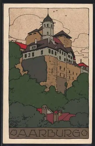 Steindruck-AK Aarburg, Blick zum Schloss