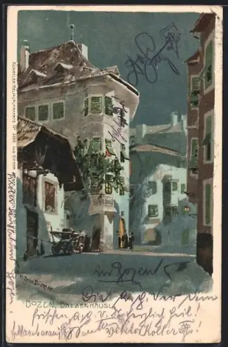 Künstler-AK Zeno Diemer: Bozen, Strassenpartie am gasthof Batzenhäusl bei Nacht