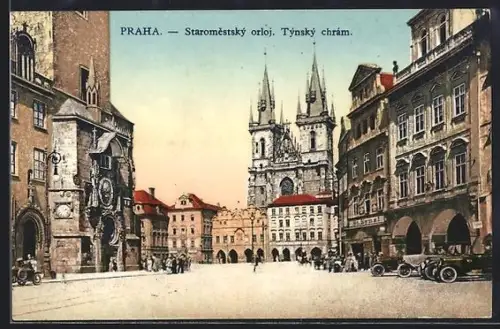 AK Prag / Praha, Staromestský orloj. Týnský chrám.