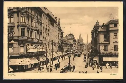 AK Prag, Strassenpartie mit Strassenbahn