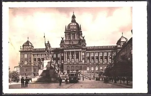 AK Prag / Praha, Strassenbahn vor dem Nationalmuseum