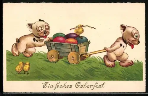 AK Zwei Bonzos transportieren Ostereier in einem Bollerwagen, Küken, Ostergruss