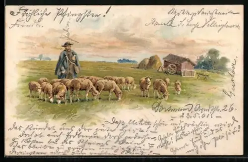 Lithographie Schäfer mit Schafherde auf einer Weide, Schuppen, Heu