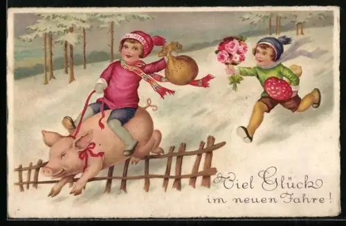 AK Kind mit Geldbeutel reitet auf über einen Zaun springendes Schwein