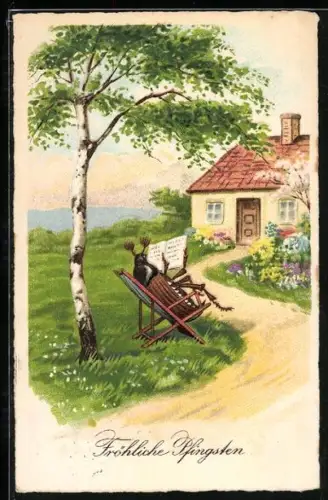 AK Maikäfer sonnt sich mit Lektüre vor seinem Haus, Pfingstgruss