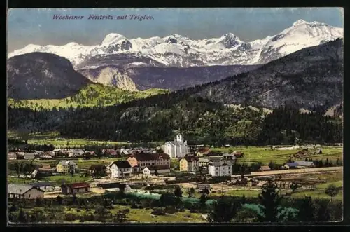 AK Wocheiner Feistritz / Bohinjska Bistrica, Gesamtansicht mit Gebirgspanorama