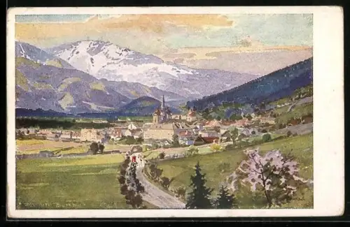 Künstler-AK Maria Zell /Steiermark, Ortsansicht mit Bergpanorama