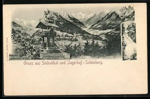 AK Schönberg /Stubaital, Ortsansicht mit Jagerhof und Gebirgspanorama