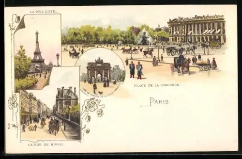 Lithographie Paris, Place de la Concorde, La Tour Eifel