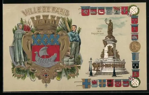 AK Paris III, Ville de Paris, Statue de la Republique, Wappen, Segelschiff