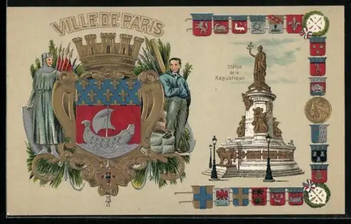 AK Paris III, Ville de Paris, Statue de la Republique, Wappen, Segelschiff