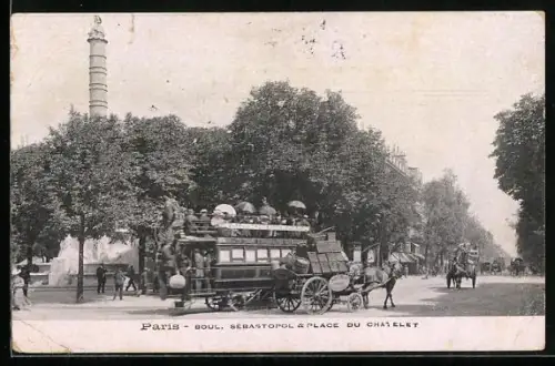 AK Paris, Boul. Sebastopol & Place du Chatelet, Pferdebahn