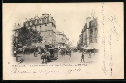 AK Bordeaux, La Place Gambetta & le Cours de l`Intendance, Pferdebahn