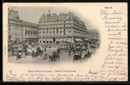 AK Paris, Gare Saint-Lazare et Hôtel Terminus, Bahnhof und Hotel mit Passanten