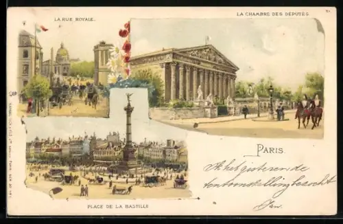 Lithographie Paris VII, La Rue Royale, La Chambre des Désputés, Place de la Bastille