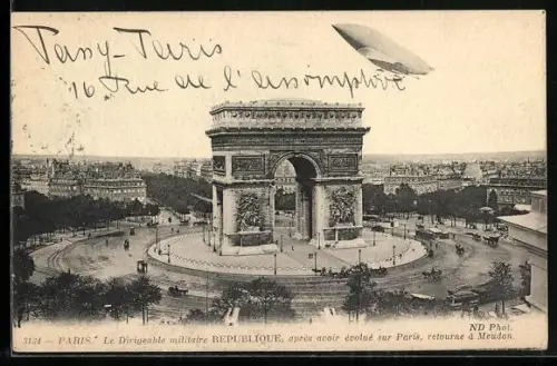 AK Paris, Le Dirigeable Militaire Republique, Luftschiff am Arc de Triomphe