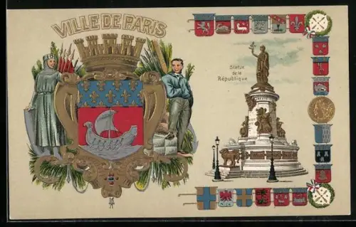 AK Ville de Paris, Wappen mit Wikingerboot, Ordensritter, Bürger und Statue de la Republique m. frz. Landeswappen