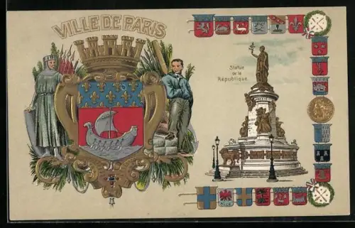 AK Paris III, Ville de Paris, Statue de la Republique, Wappen, Segelschiff