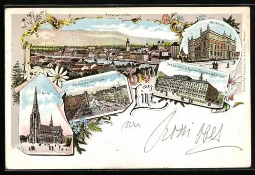 Lithographie Linz, Franz Josefplatz, Bischöfliches Knaben-Seminar in Urfahr