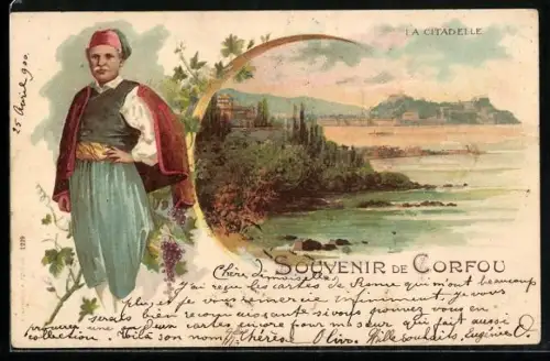 Lithographie Corfou, La Citadelle, Zitadelle im Abendlicht, Grieche in Tracht