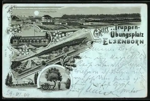 Mondschein-Lithographie Elsenborn, Truppenübungsplatz, Offizier-Kasino, Feldbahn, Verwaltungs-Gebäude, Barackenlager