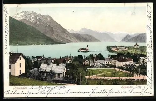 AK Gmunden, Blick vom Ort zum Schloss Ort