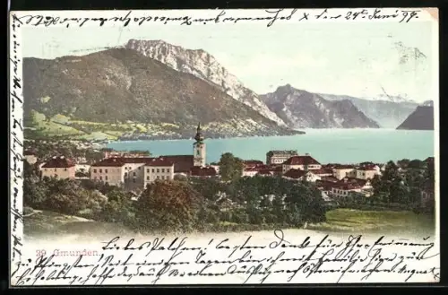 AK Gmunden, Ortsansicht mit Blick auf den See und das Bergpanorama
