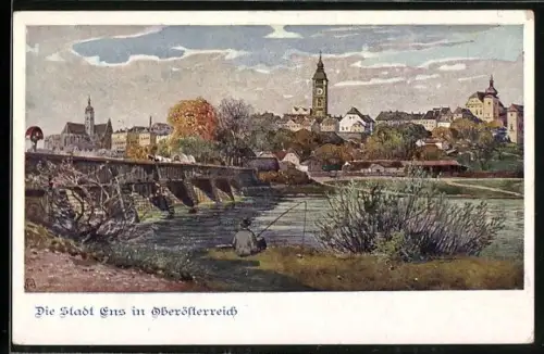 Künstler-AK Enns, Ortsansicht mit Brücke