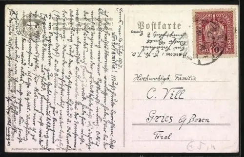 Künstler-AK Enns, Ortsansicht mit Brücke