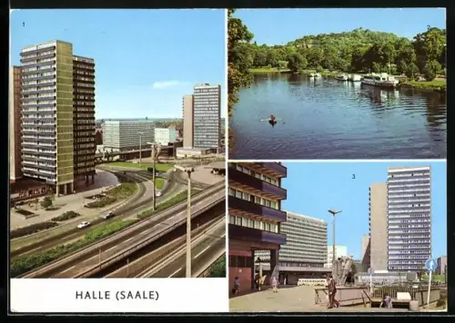 AK Halle a. Saale, Blick auf das Hochhaus am Ernst-Thälmann-Platz, Saalepartie