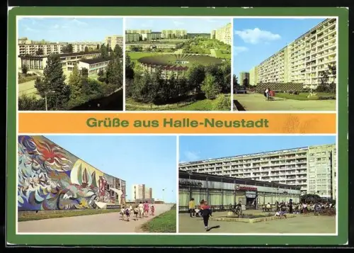 AK Halle-Neustadt /Saale, Blick auf Polytechnische Oberschule, Kindergarten, Hallenbad