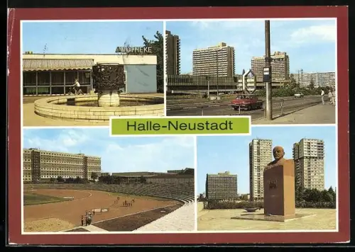 AK Halle-Neustadt, Apotheke, Lenindenkmal, Sportplatz