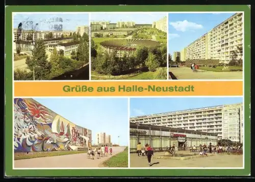 AK Halle-Neustadt /Saale, Blick auf Polytechnische Oberschule, Kindergarten, Hallenbad