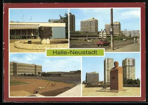 AK Halle-Neustadt, Apotheke, Lenindenkmal, Sportplatz