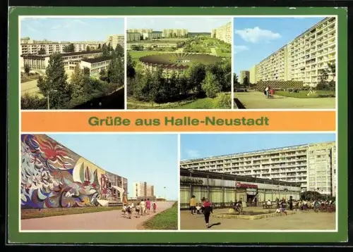 AK Halle-Neustadt /Saale, Blick auf Polytechnische Oberschule, Kindergarten, Hallenbad