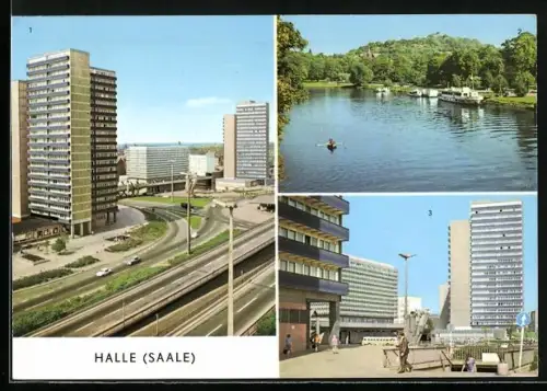 AK Halle a. Saale, Blick auf das Hochhaus am Ernst-Thälmann-Platz, Saalepartie