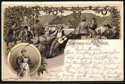 Lithographie Weintrinker am Rheinufer und Schankmaid