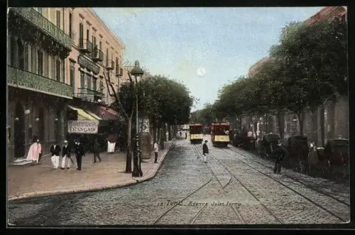 AK Tunis, Avenue Jules Ferry, Strassenbahn