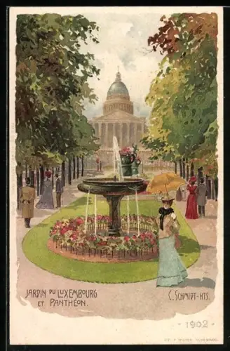Künstler-AK Carl Schmidt: Paris, Jardin du Luxembourg, Spaziergänger im Garten