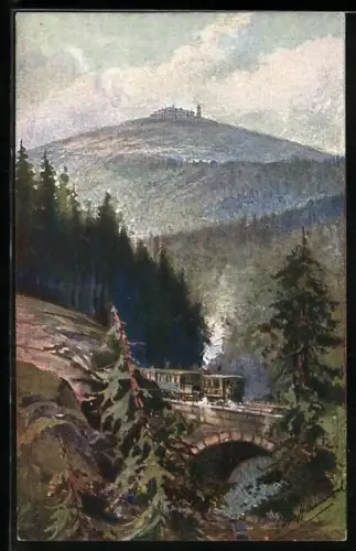 Künstler-AK Otto Hammel: Brocken, Panorama mit Eisenbahn