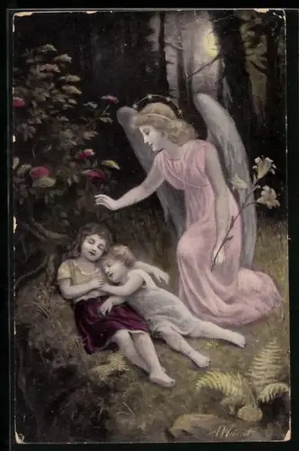 Künstler-AK Schutzengel mit Lilie behütet Kinder im Wald