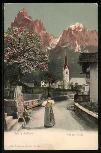 AK Seis am Schlern, Weg zur Kirche im Frühling